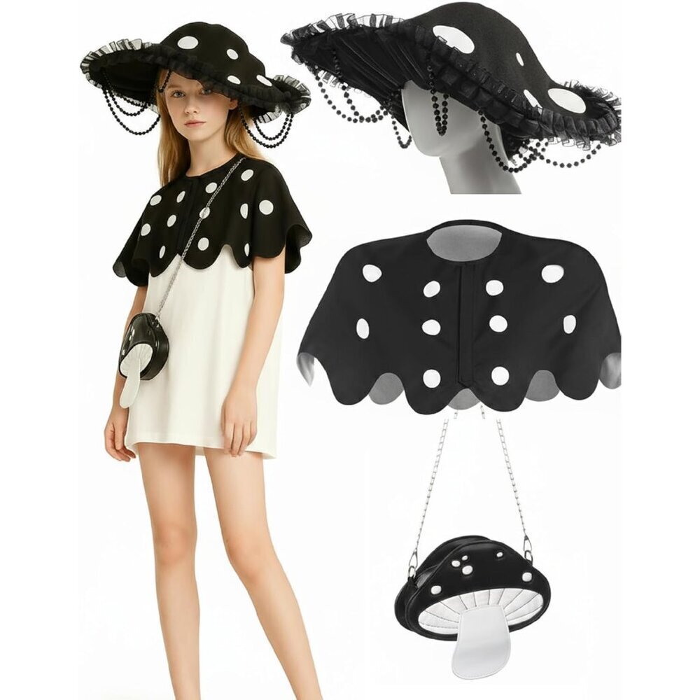 Mushroom Costume Accessories Set for Women Hat Cape Shoulder Bag Halloween